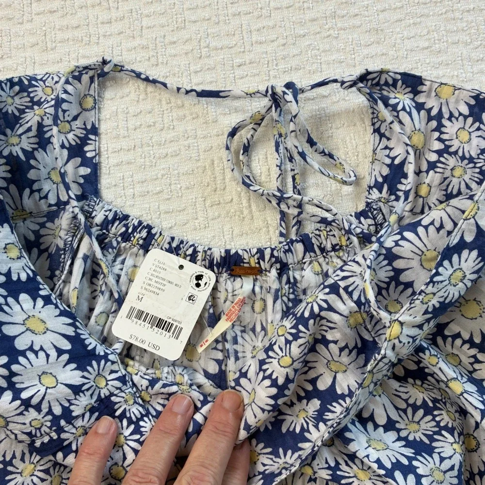Free People Womens M Daisy Floral Peplum Top Crop Blue White Boho Indie Girly